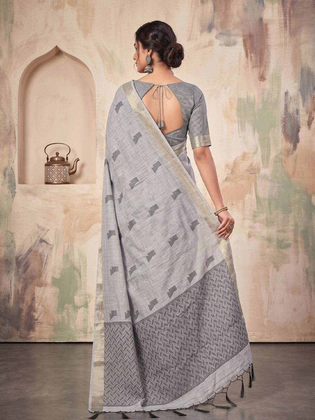 Shree Shyam Fashion Grey Woven Work Linen Fabric Daily Wear Saree With Blouse