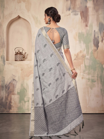 Shree Shyam Fashion Grey Woven Work Linen Fabric Daily Wear Saree With Blouse