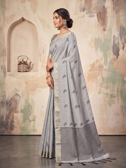 Shree Shyam Fashion Grey Woven Work Linen Fabric Daily Wear Saree With Blouse