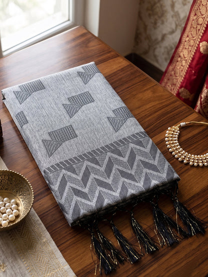Shree Shyam Fashion Grey Woven Work Linen Fabric Daily Wear Saree With Blouse