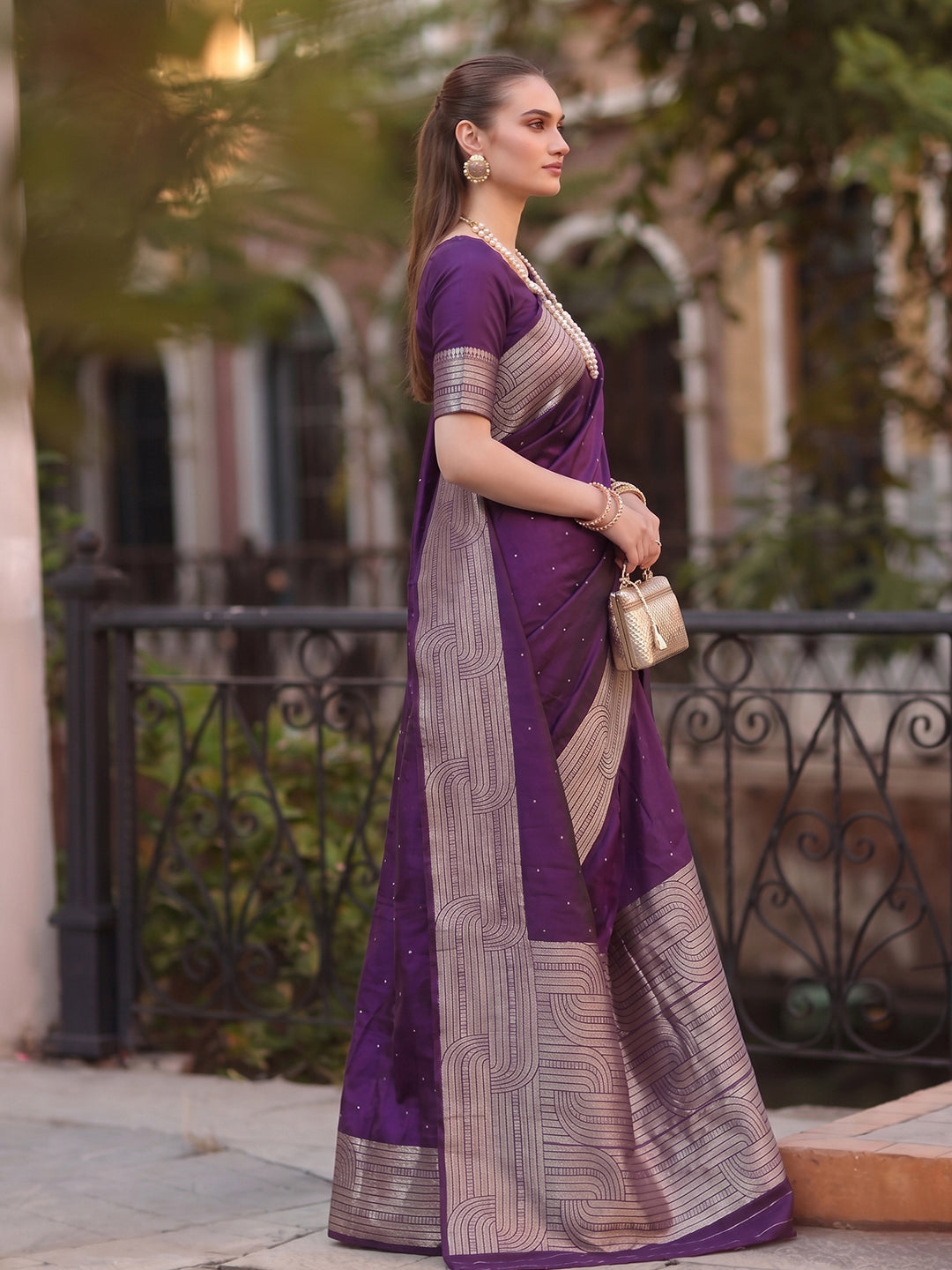 Shree Shyam Fashion Purple Woven Work Art Silk Fabric Party Wear Saree With Blouse