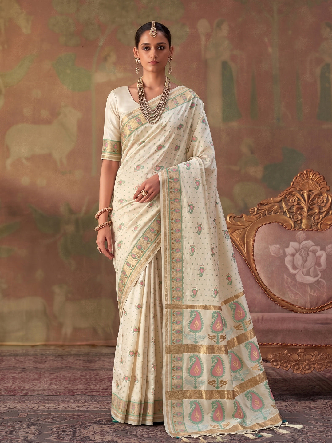 Shree Shyam Fashion Woven Work Soft Silk Fabric Festive Wear Saree With Blouse-Cream