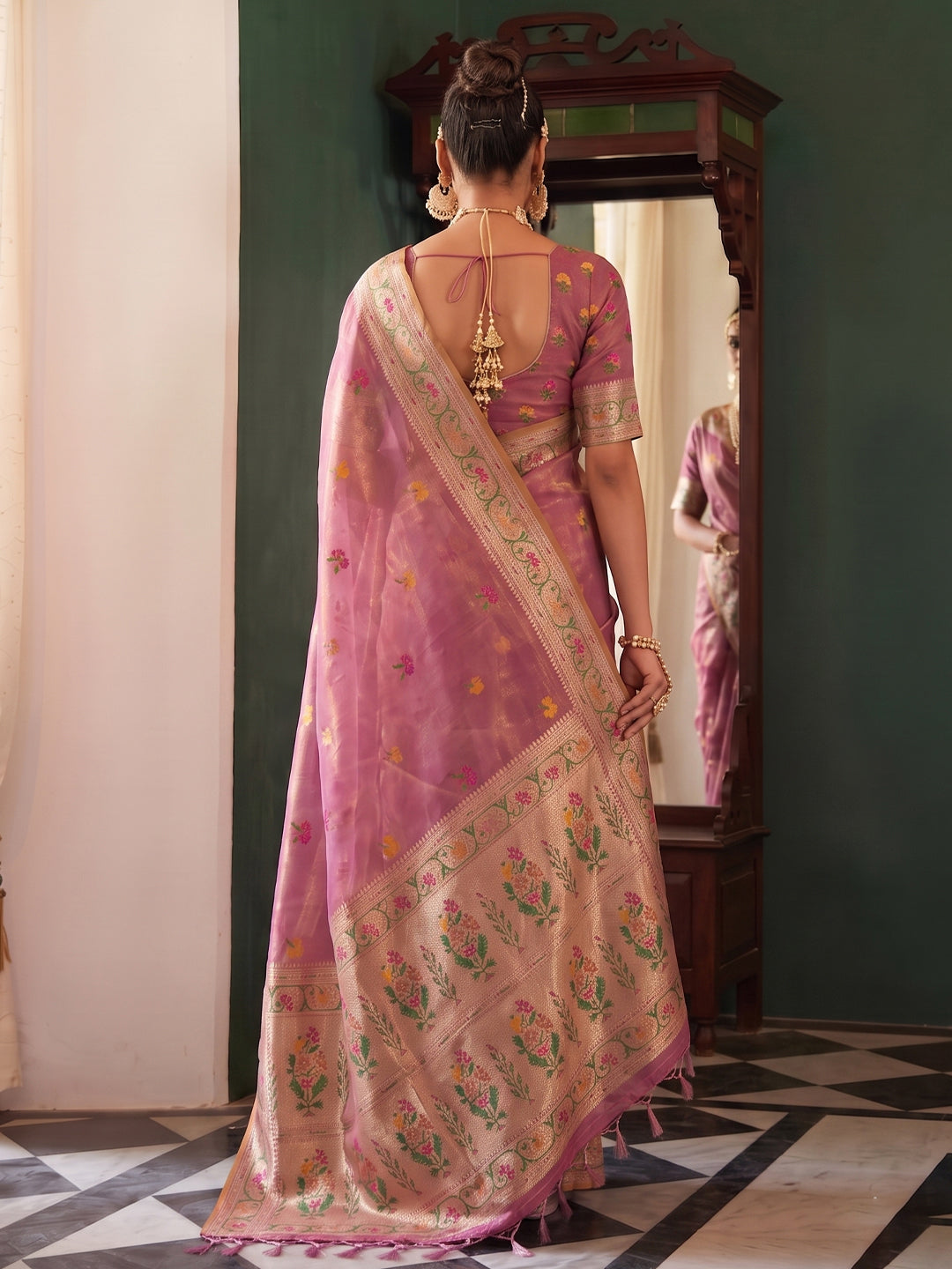 Shree Shyam Fashion Rose Pink Woven Work Tissue Silk Fabric Festive Wear Saree With Blouse