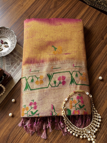 Shree Shyam Fashion Rose Pink Woven Work Tissue Silk Fabric Festive Wear Saree With Blouse