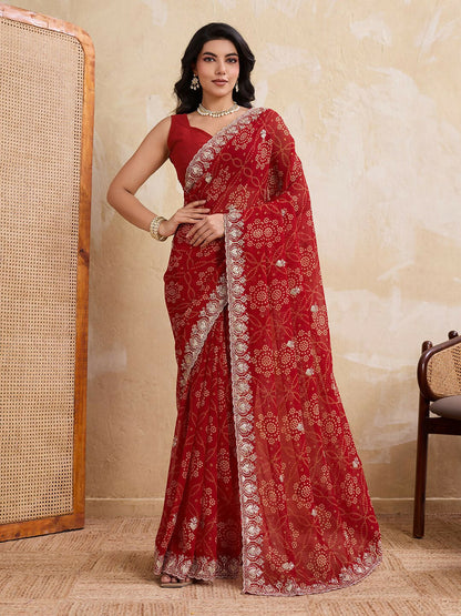 Teeya Creation New Trendy Leheriya Bandhani Georgette Saree For Daily Wear -Red