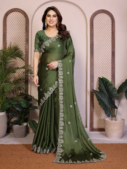Teeya Creation New Trendy Party Wear Soft Satin Chiffon Saree-Green