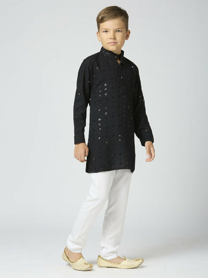 Joban Fashion Kids Island Full Sleeves Cotton Kurta and Pyjama Set with Sequin work - Black