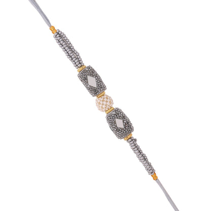 trueBrowns X Voylla Silver Beaded Rakhi With Roli Chaawal Pack