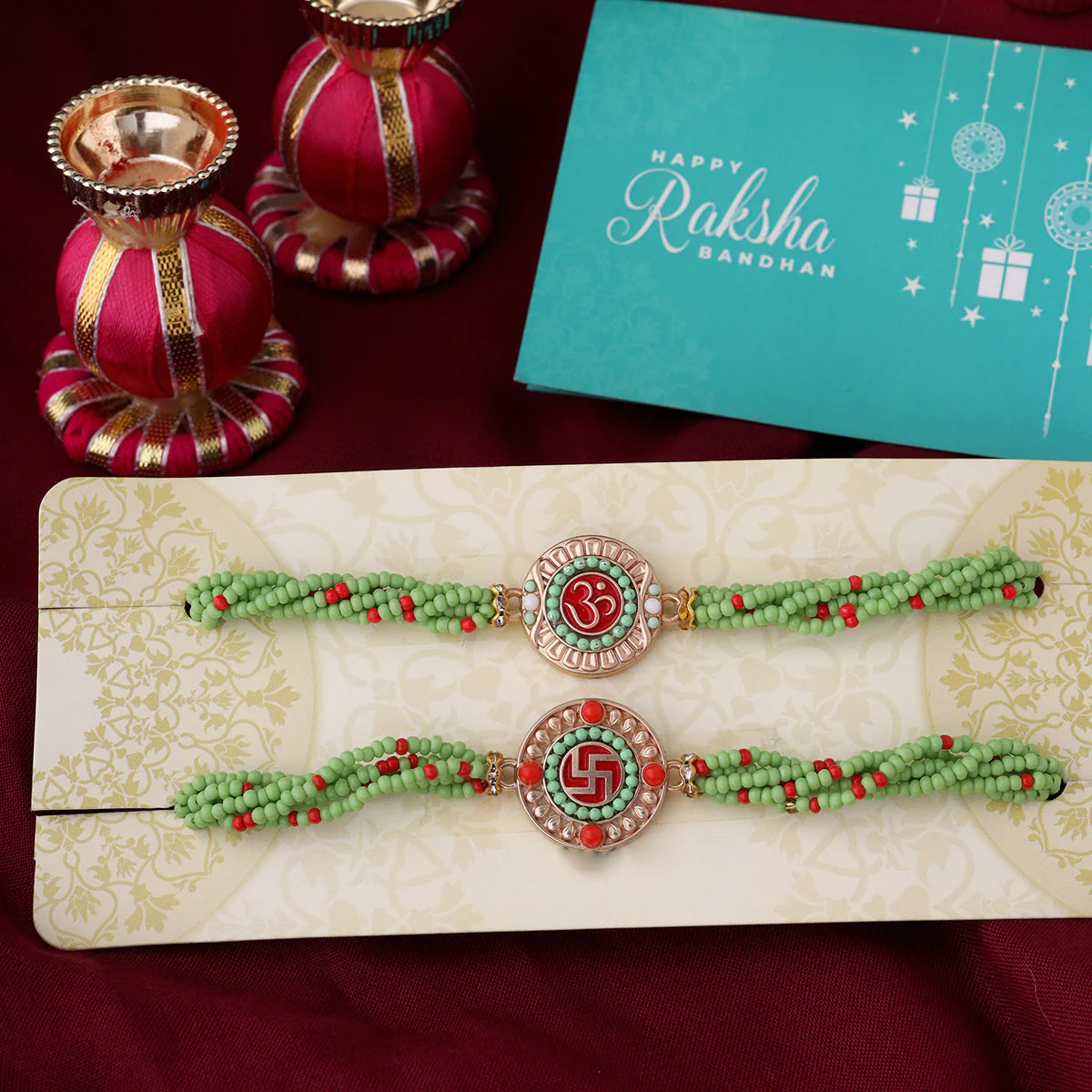 trueBrowns X Voylla Set of Two Beaded Rakhis With Roli Chaawal Pack