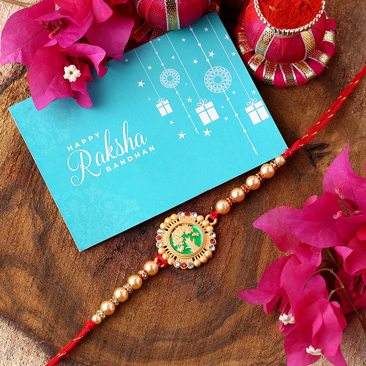 trueBrowns X Voylla Beige Beaded Enamel Rakhi With Roli Chaawal Pack