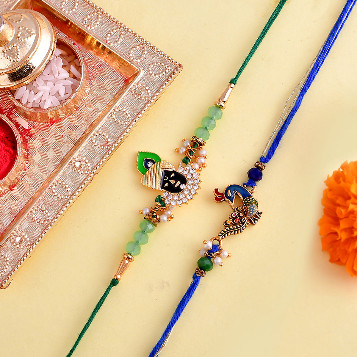 trueBrowns X Voylla Pack of 2 Green Lord Krishna And Blue Peacock Rakhi