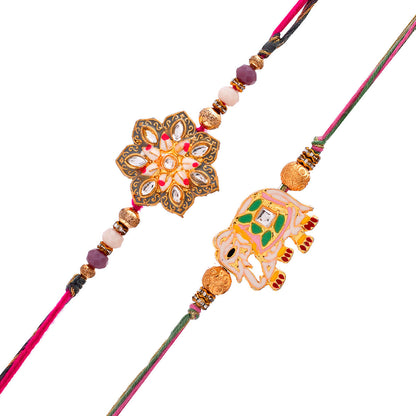 trueBrowns X Voylla Pack of 2 Meenakari Kundan Floral And Elephant Rakhi