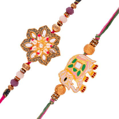 trueBrowns X Voylla Pack of 2 Meenakari Kundan Floral And Elephant Rakhi