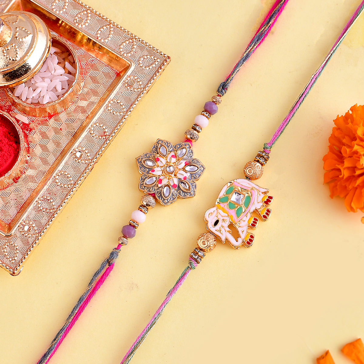 trueBrowns X Voylla Pack of 2 Meenakari Kundan Floral And Elephant Rakhi