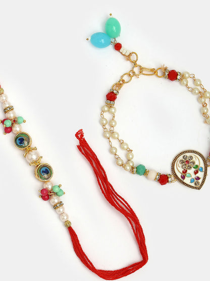 NVR Women & Men Set of 2 Multicolor Artificial Beads Bhaiya Bhabhi Rakhi With Roli Chawal