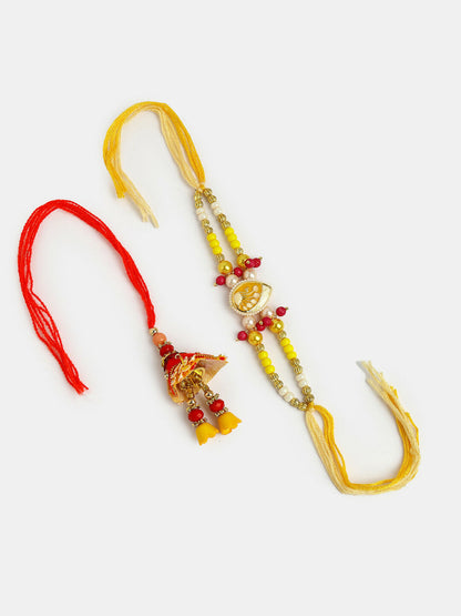 NVR Women & Men Set of 2 Yellow Peacock Design Bhaiya Bhabhi Rakhi With Roli Chawal