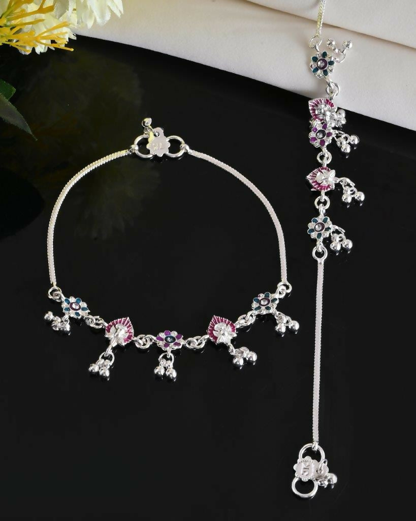 VOJ Set of 2 Silver Plated Designer Multi Color Anklet