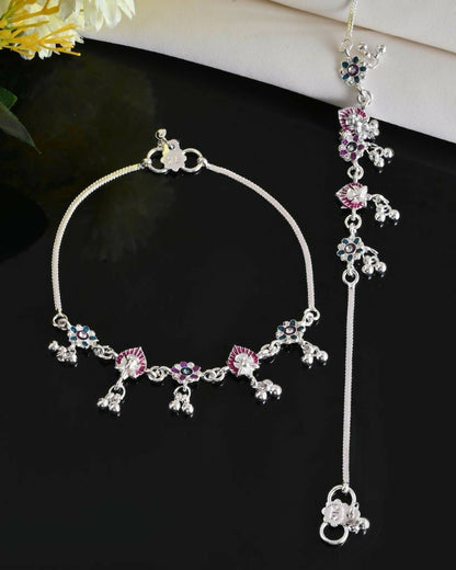 VOJ Set of 2 Silver Plated Designer Multi Color Anklet