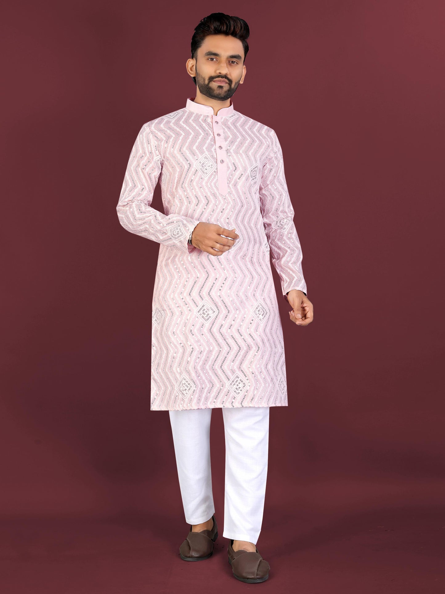Neera Trendz Pink Soft Silk Embroidered Men's Kurta Pyjama