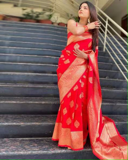 Vamika Weaving Banarasi Jacquard Red Kanjivaram Saree