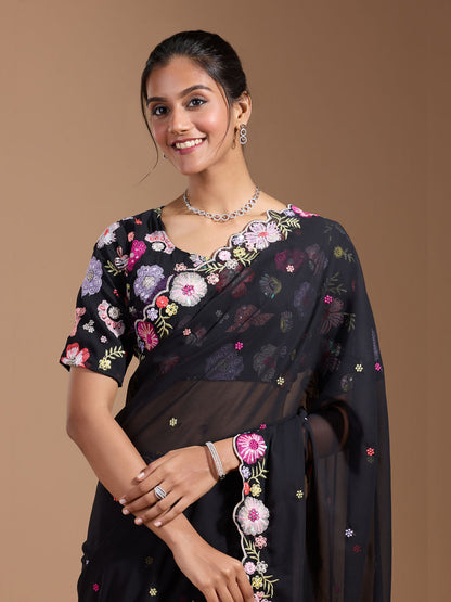 Vamika Embroidery Black Georgette Bollywood Saree