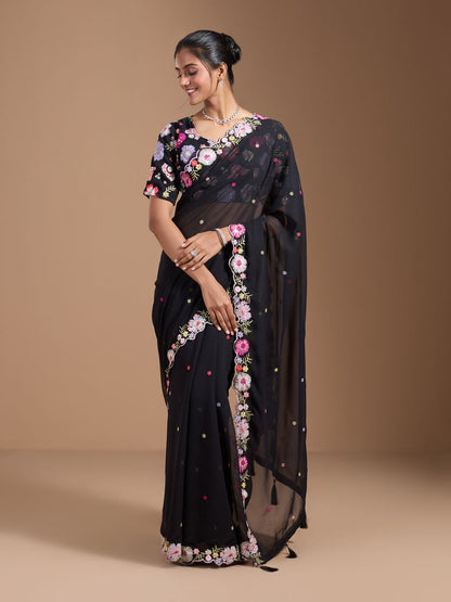 Vamika Embroidery Black Georgette Bollywood Saree