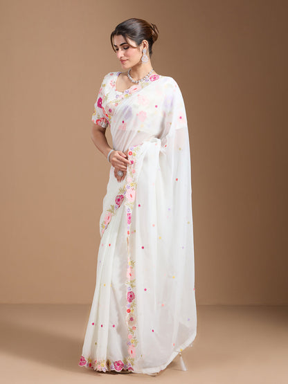 Vamika Embroidery Cream Georgette Bollywood Saree