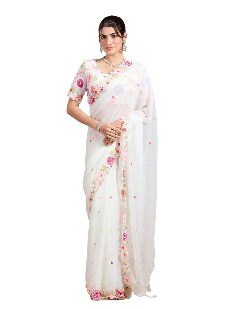 Vamika Embroidery Cream Georgette Bollywood Saree