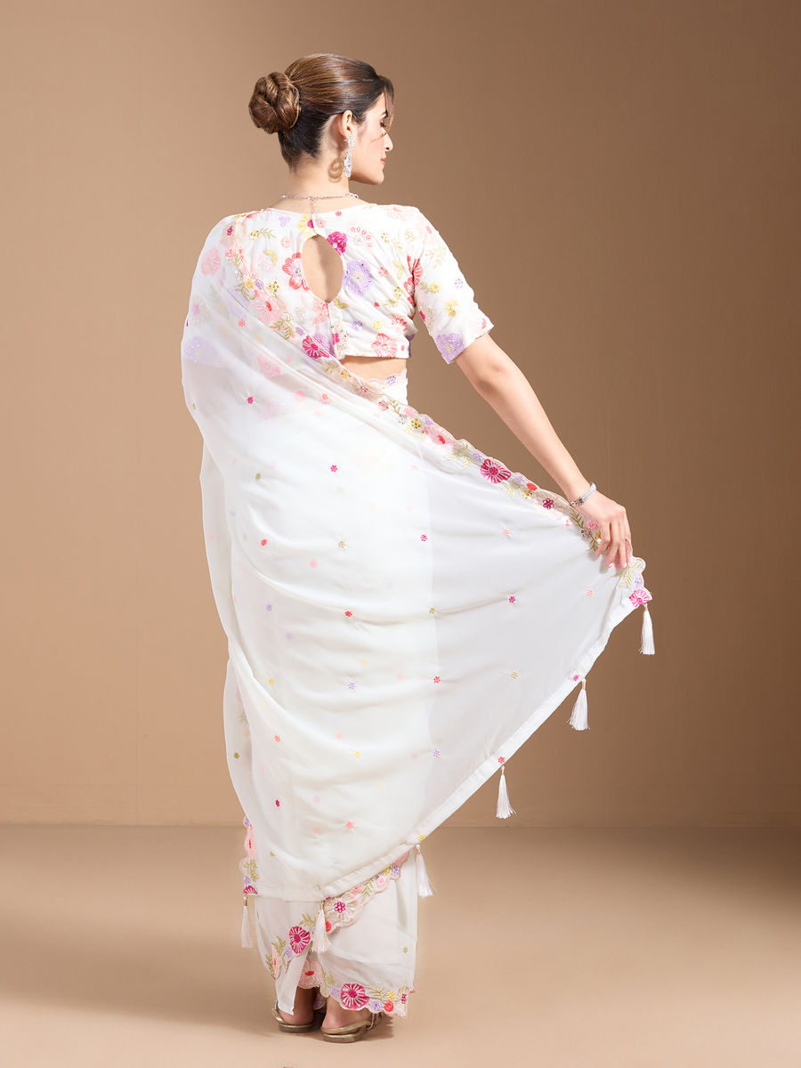 Vamika Embroidery Cream Georgette Bollywood Saree