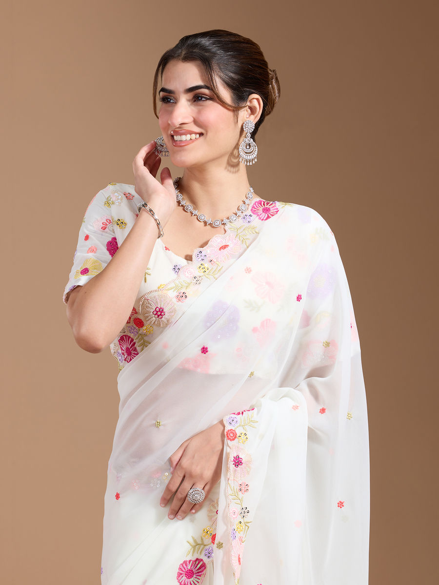 Vamika Embroidery Cream Georgette Bollywood Saree
