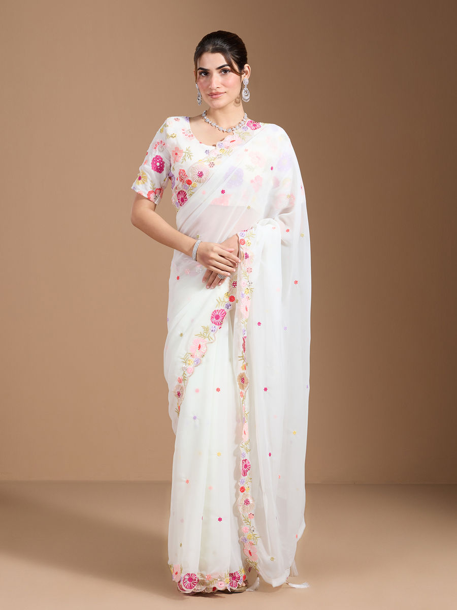 Vamika Embroidery Cream Georgette Bollywood Saree