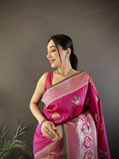 Joban Fashion Pink Elephant & Floral Motifs Soft Lichi Silk Banarasi Saree
