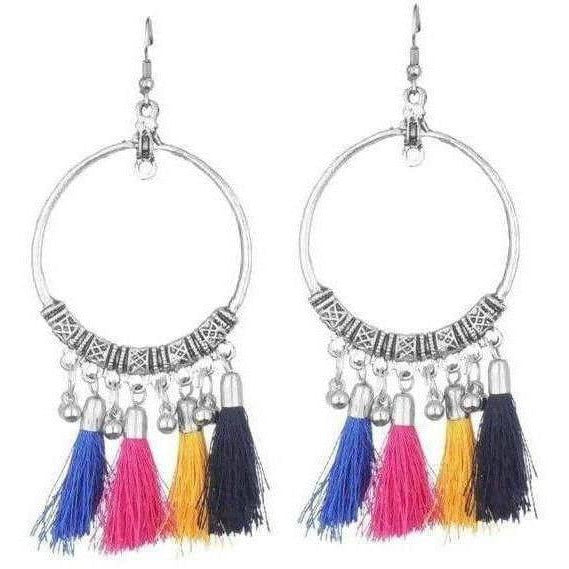 MS Fashion India Oxidized Silver Ring Earrings With Multi Color Silk Threads