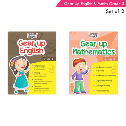 Scholars Insights Gear Up English & Maths Grade 3 Books Set of 2| Grammar Skills, Logical Reasoning, Problem Solving Book for Kids| Ages 8-9 Years