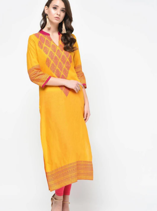 Cheera Hand Block Print Mustard Color Latest Fashion Straight Kurta