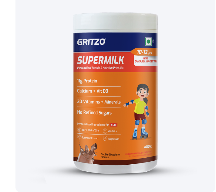 Gritzo SuperMilk Overall Growth Girls Protein Powder Double Chocolate - 400 gms