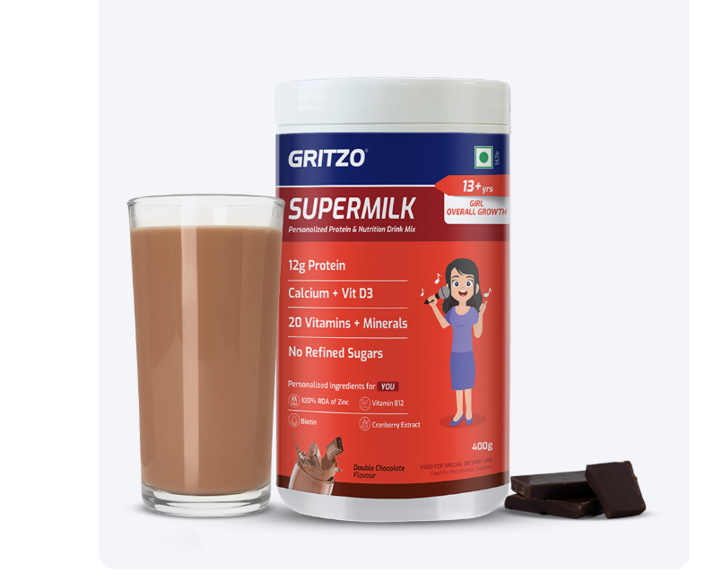 Gritzo SuperMilk Overall Growth Girls Protein Powder Double Chocolate - 400 gms
