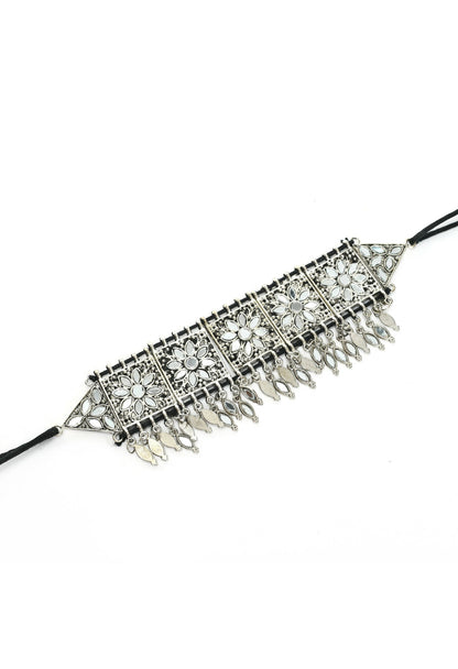 Mominos Fashion Johar Kamal Women Silver-Plated Brass Finish Mirror Work Choker