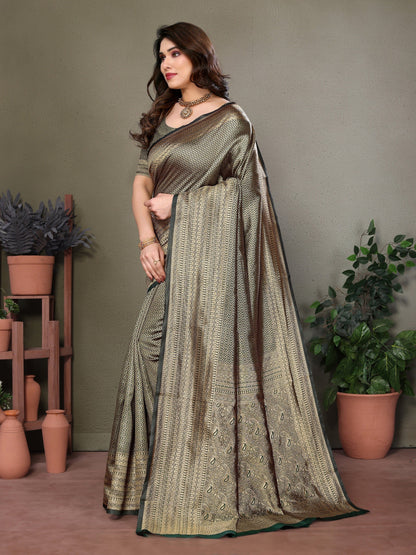Vedant Vastram Litchi Silk Banarasi Silk Saree - Bottle Green