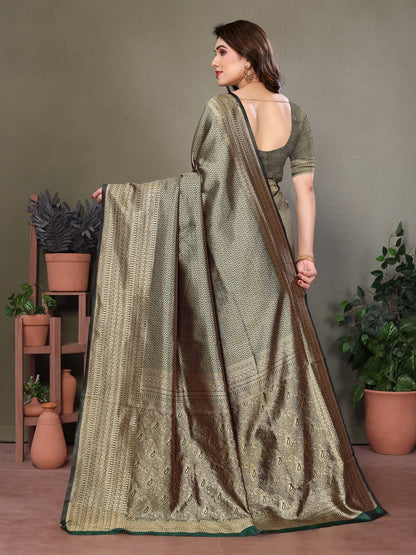 Vedant Vastram Litchi Silk Banarasi Silk Saree - Bottle Green