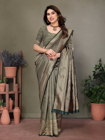 Vedant Vastram Litchi Silk Banarasi Silk Saree - Bottle Green