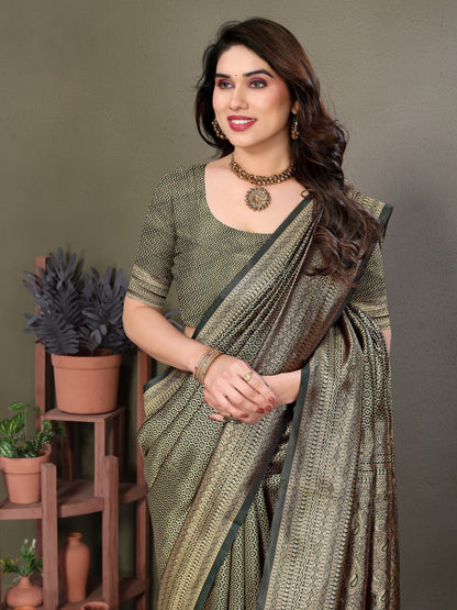 Vedant Vastram Litchi Silk Banarasi Silk Saree - Bottle Green