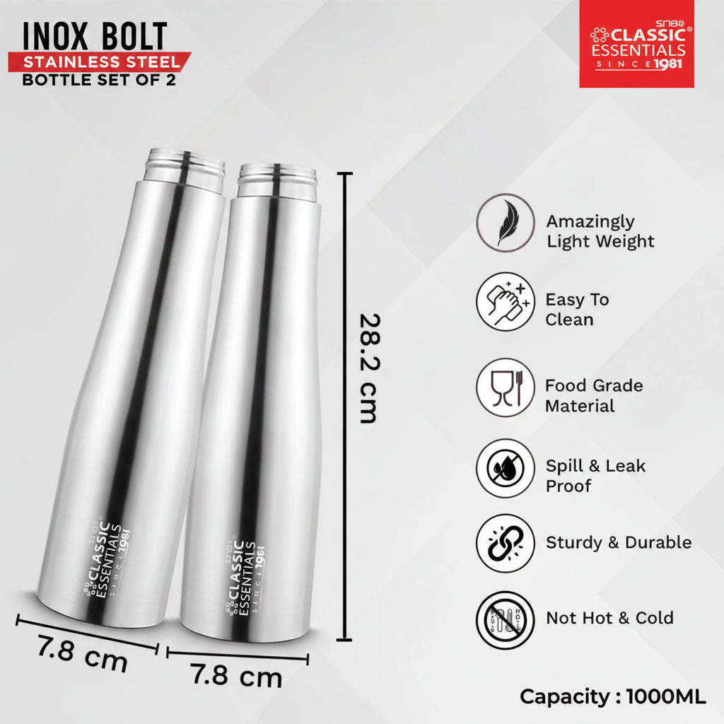Classic Essentials Stainless Steel Inox Carbo Bolt Matt Finish Water Bottle 1000ml (Pack of 2)