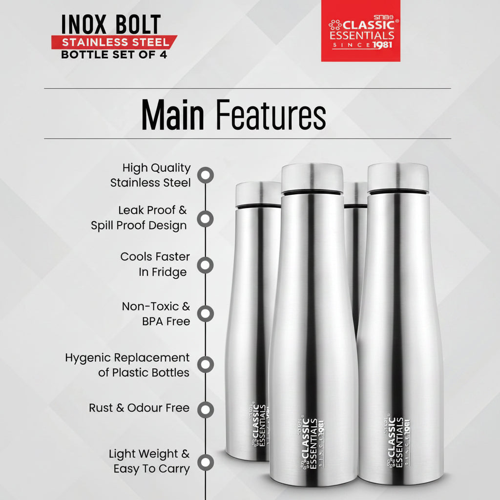Classic Essentials Stainless Steel Inox Carbo Bolt Matt Finish Water Bottle 1000ml (Pack of 4)