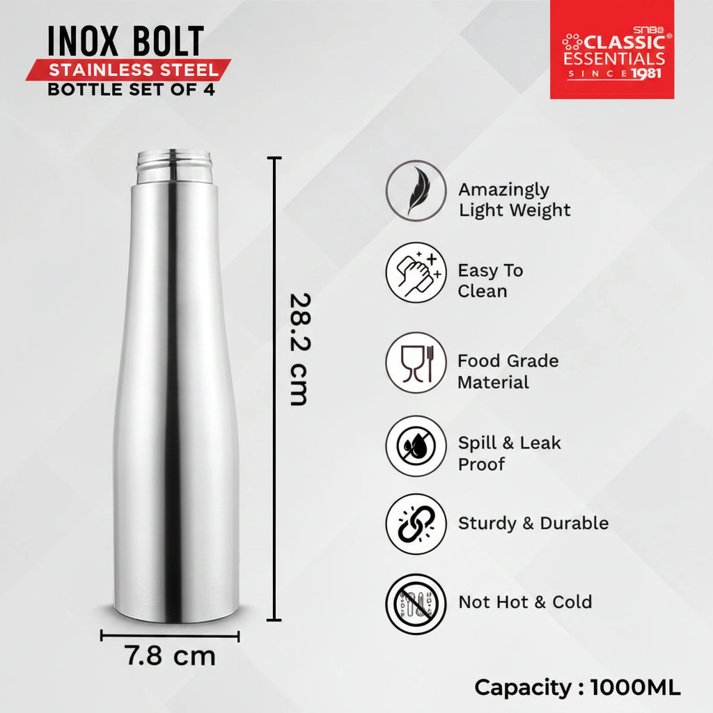 Classic Essentials Stainless Steel Inox Carbo Bolt Matt Finish Water Bottle 1000ml (Pack of 4)