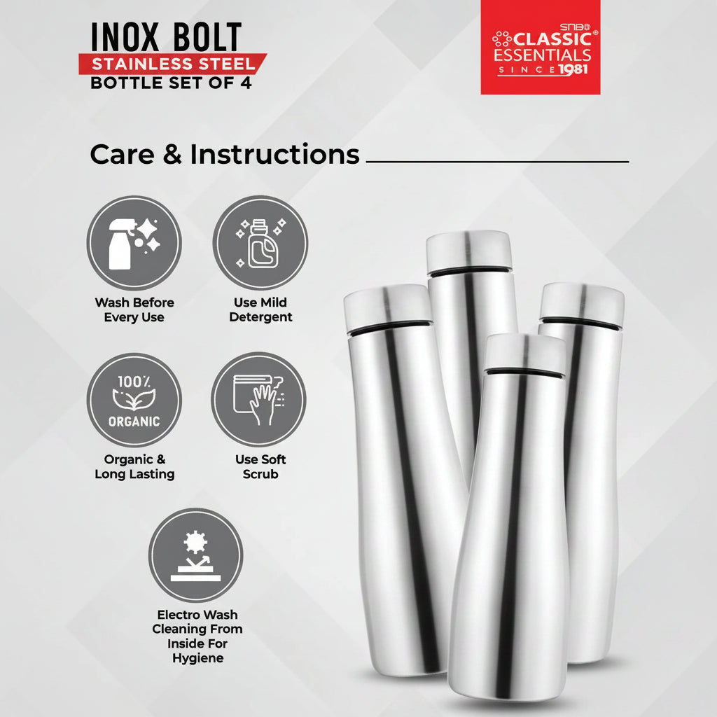 Classic Essentials Stainless Steel Inox Carbo Bolt Matt Finish Water Bottle 1000ml (Pack of 4)