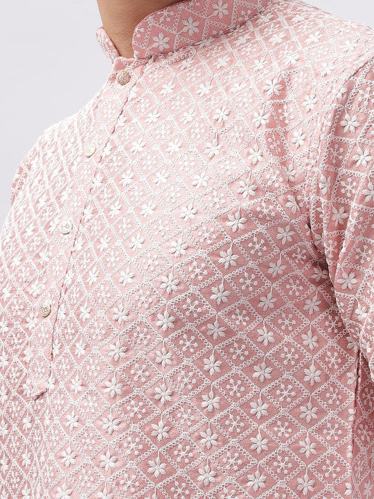Anouk Pink Ethnic Motifs Embroidered Mandarin Collar Cotton Straight Kurta