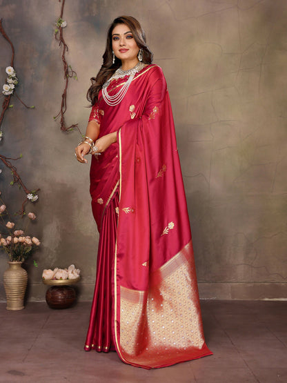 Joban Fashion Red Floral & Botanical Motifs Satin Silk Banarasi Silk Saree