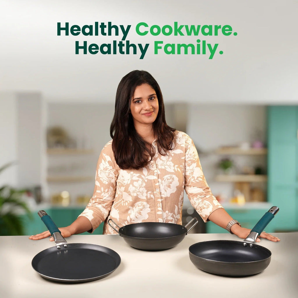 The Indus Valley Iron Cooking Set of 3 Kadai (25.4cm)+ Tawa(26.3cm)+Fry Pan (25.4cm)