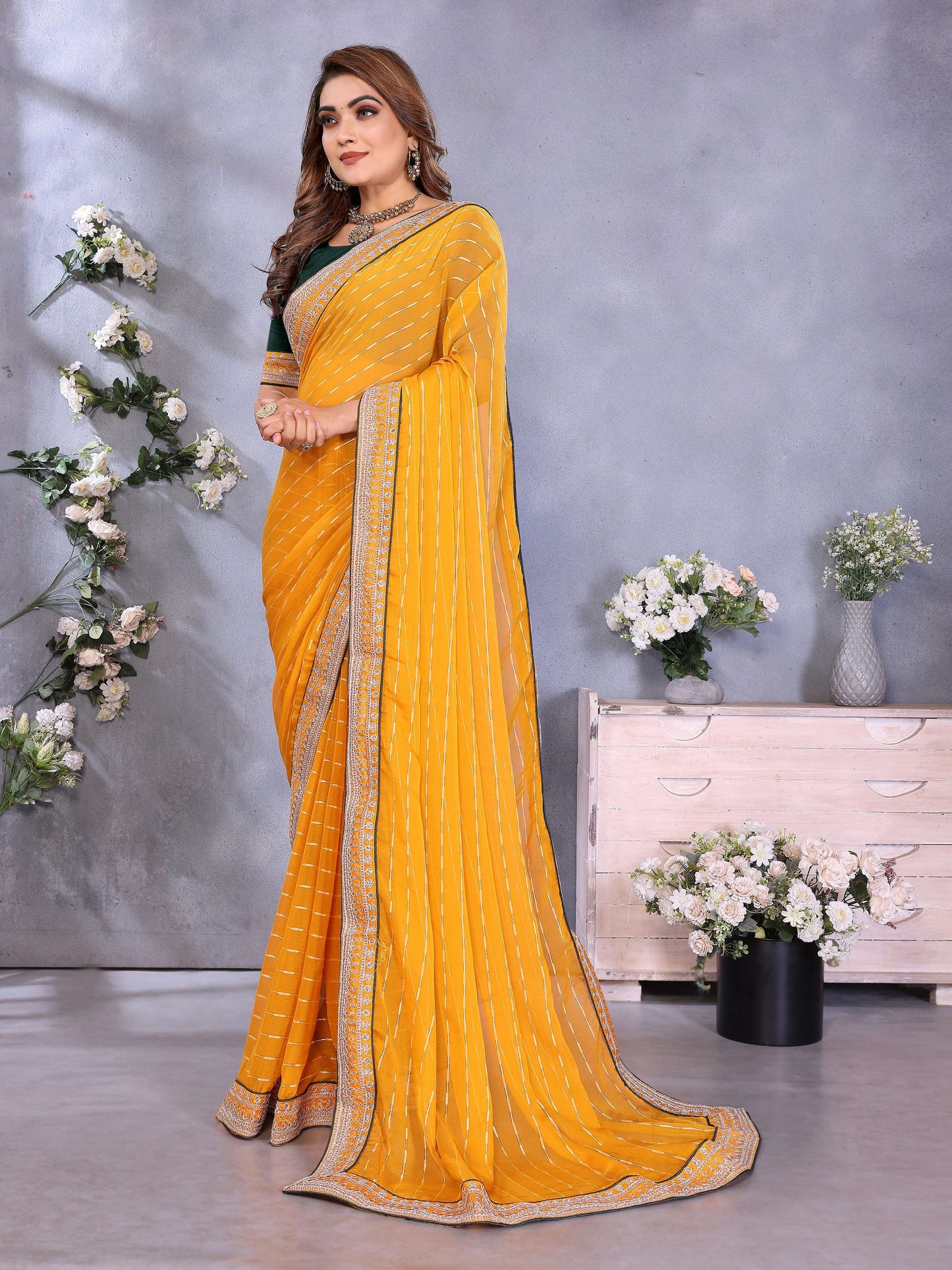 Vedant Vastram Georgette Embroidered & Sequin work Bollywood Fancy Saree - Mustard